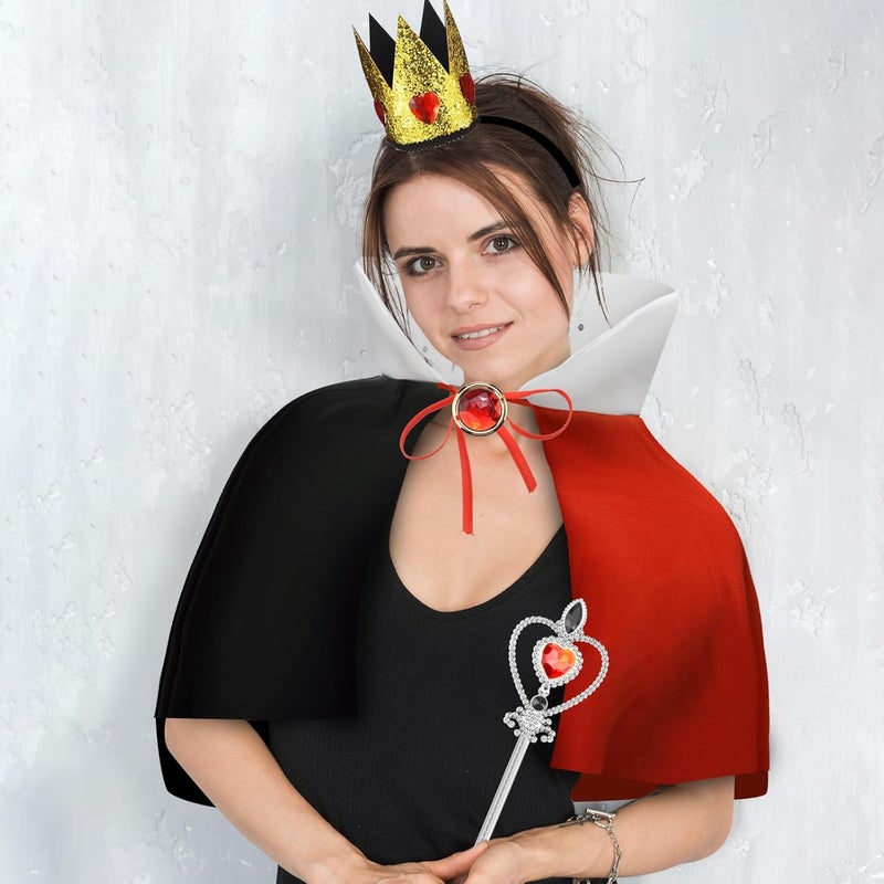 Abitoncc Store 4Pcs Queen Hearts Dress-up Accessories with Cape Crown Wand Red Brooch for Women on Halloween Xmas - Image 2